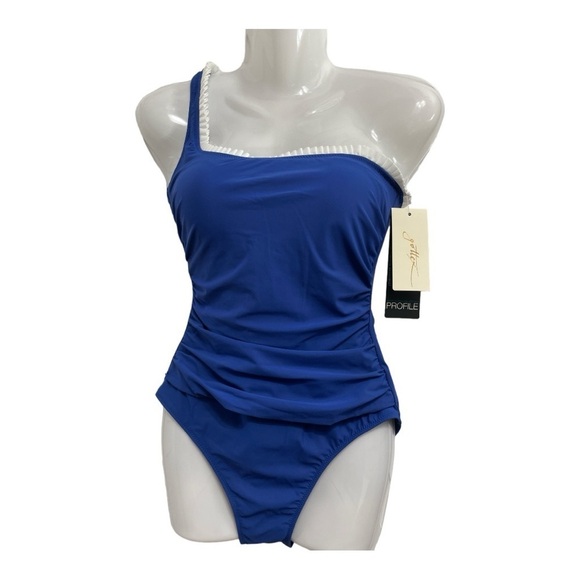 PROFILE BY GOTTEX FRENCH PLEATS RUFFLE ONE SHOULDER ONE PIECE SWIMSUIT SZ 8 - Picture 4 of 10